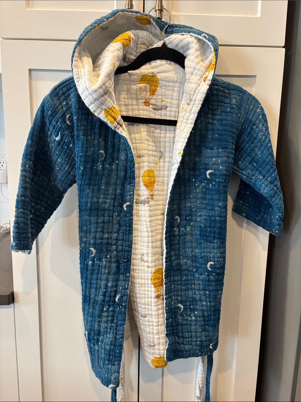 Kids reversible Blue Hooded One-Piece with Moon & Hot Air Balloon Lining